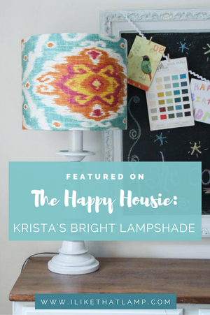 Featured On The Happy Housie: Krista's Bright Lampshade. For tips and tutorials on making lampshades, visit www.ilikethatlamp.com