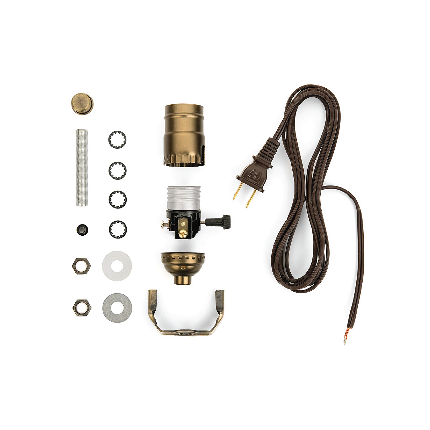 DIY Lamp Wiring Kit (Antique Brass 3-Way Socket & Brown Cord) - Makely